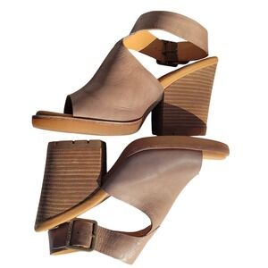 Kork Ease Linden Leather Block Heel Sandals Taupe Brown 10 Peep Toe 70s Style